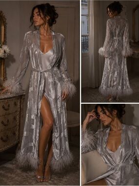 Vintage 1998 Valentino Intimo Ostrich Feather Burnout Velvet Robe Duster Grey M